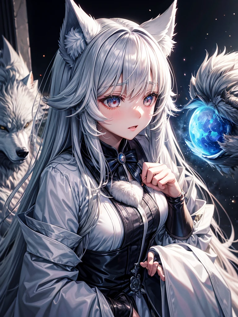 Beastman Girl、Silvery coat、The whole body is covered with hair、Wolf Ears、Wolf&#39;s paws、Bushy Wolf Tail、Big golden eyes、Double teeth、Laugh fearlessly、Close-up、View your viewers、Rocky Mountain