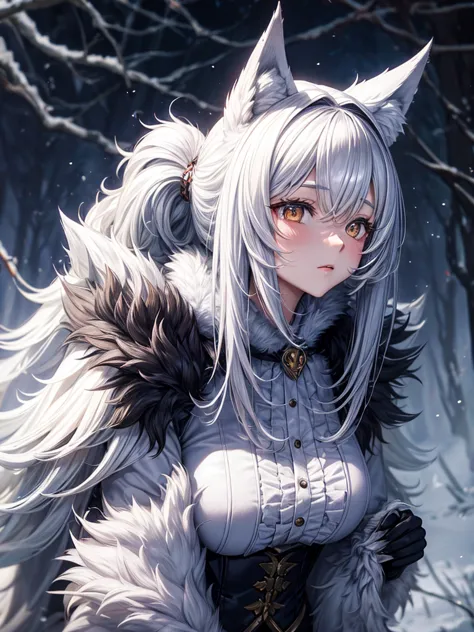 Beastman Girl、Silvery coat、The whole body is covered with hair、Wolf Ears、Wolf&#39;s paws、Bushy Wolf Tail、Big golden eyes、Double ...
