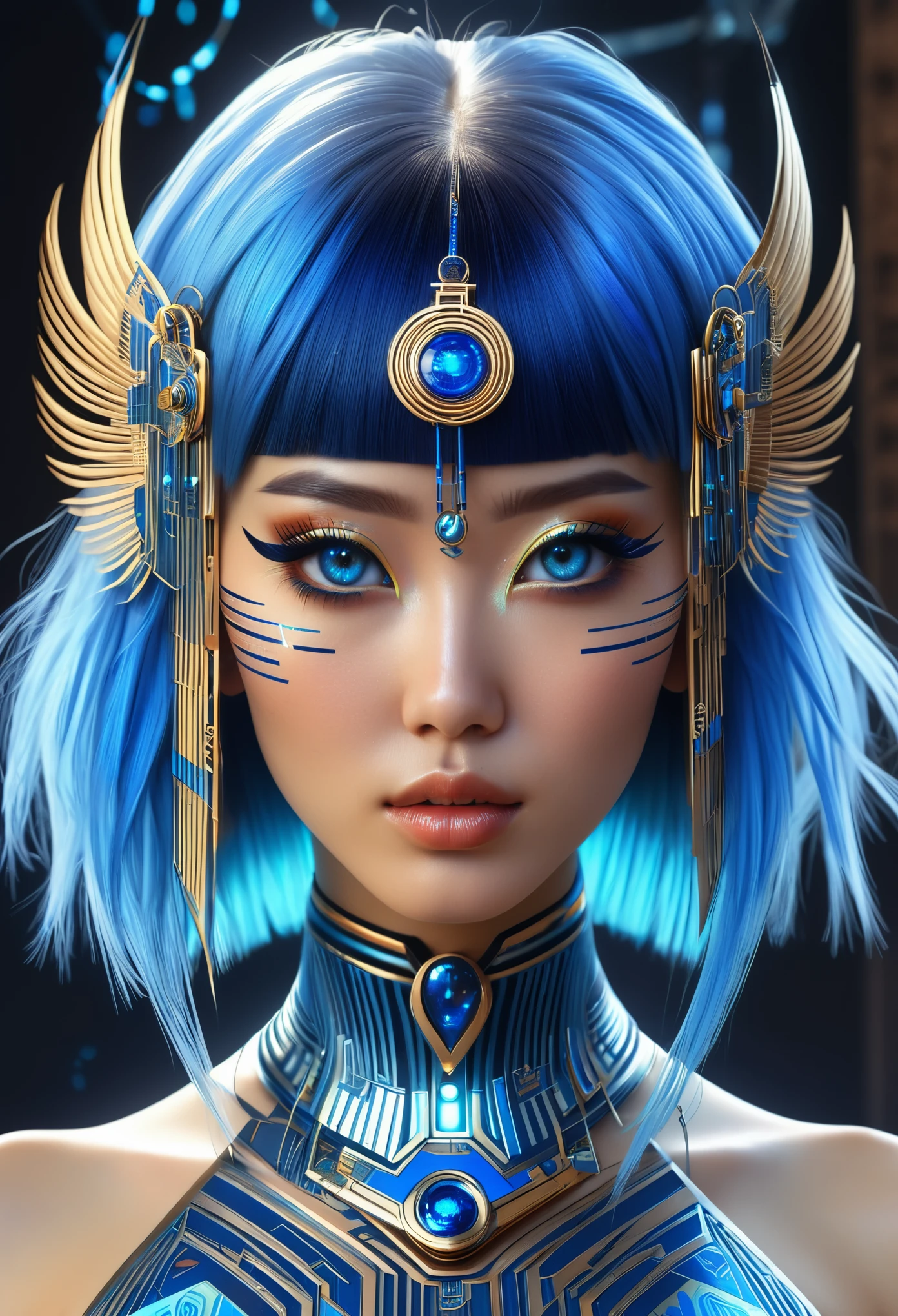 (high quality), (masterpiece), (detailed), 8K, Hyper-realistic digital illustration depicts (Japanese woman1.3) with (electric blue hair1.2) and (piercing blue eyes1.2), wearing (futuristic fantasy attire1.2) that combines (modern holographic accents1.2) with (ancient Egyptian hieroglyphic patterns1.2). Her (upper body1.2) is accentuated by (shimmering sapphire jewelry1.2) and (intricate, glowing circuitry1.2) that evoke a sense of technological mysticism. In style of Syd Mead, trending on Artstation.