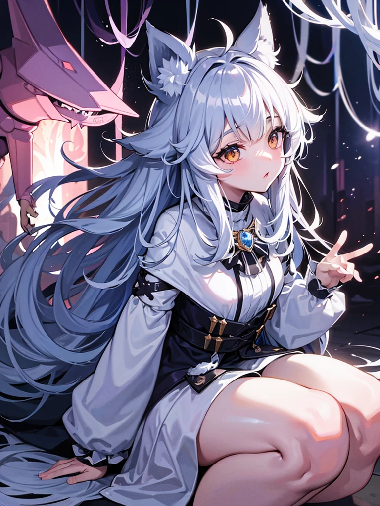 Beastman Girl、Silvery coat、The whole body is covered with hair、Wolf Ears、Wolf&#39;s paws、Bushy Wolf Tail、Big golden eyes、Double teeth、Laugh fearlessly、Close-up、View your viewers、Rocky Mountain