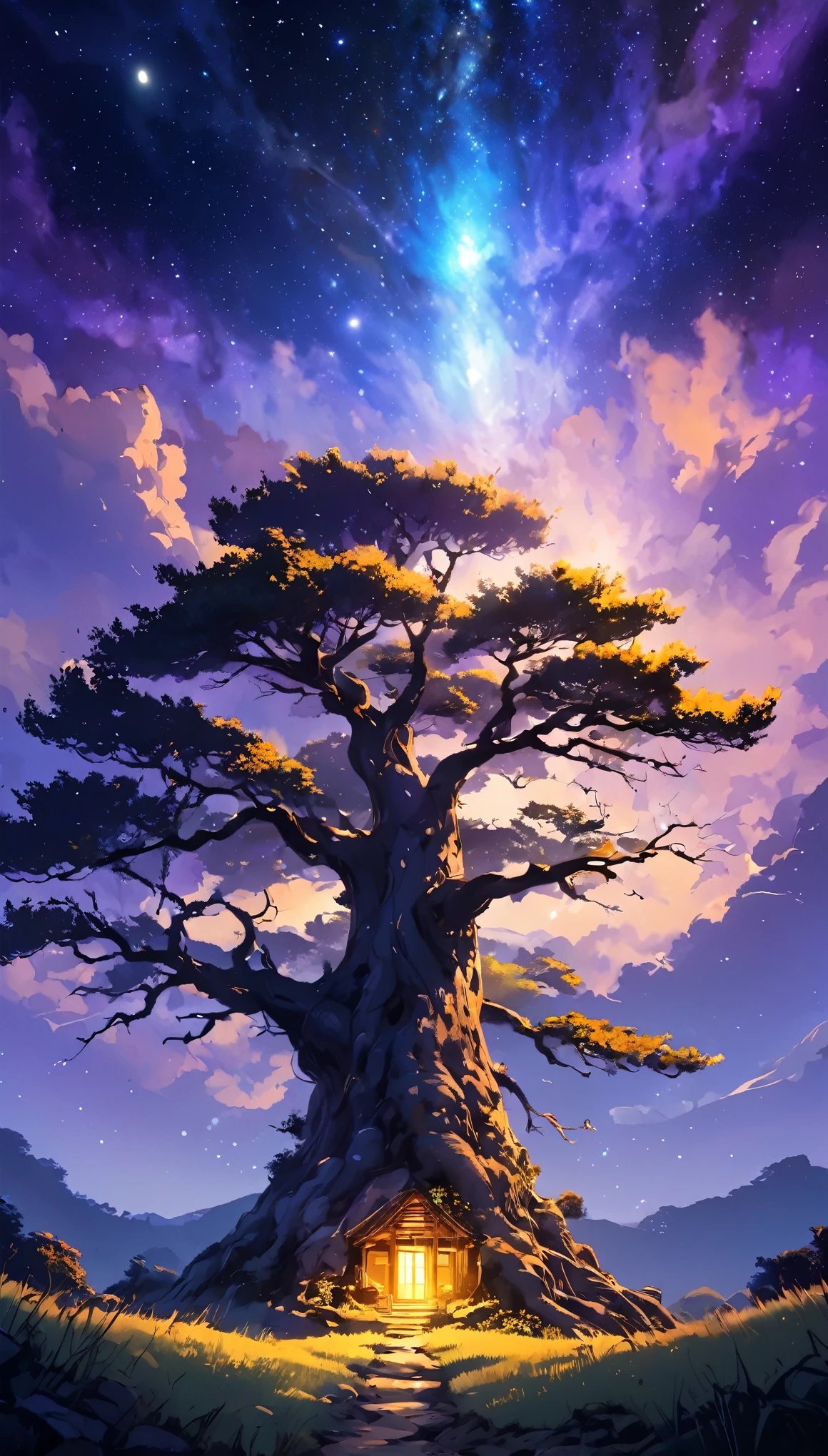 Fotografia de paisagem ampla , (a view from below that shows the sky above and the open countryside below) (Lua cheia:1.2), ( estrelas cadentes:0.9), (nebula:1.3), montanha distante, tree BREAK production art, (fonte de luz quente:1.2), (Vaga-lume:1.2), light bulb, muito roxo e laranja, detalhes intrincados, volumetric lighting, Realismo QUEBRA (obra de arte:1.2), (melhor qualidade), 4K, ultra-detalhado, (dynamic composition:1.4), Altamente detalhado, detalhes coloridos,( cores iridescentes:1.2), (Bright lighting, Atmospheric lighting), sonhadores, magical