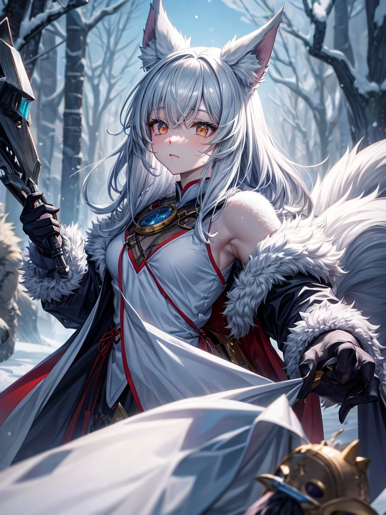 Beastman Girl、Silver coat、the whole body is covered with hairs、Wolf Ears、Wolf&#39;Foot、Bushy Wolf Tail、big golden eyes、Double teeth、Laugh fearlessly、close、View your viewers、Rocky Mountain