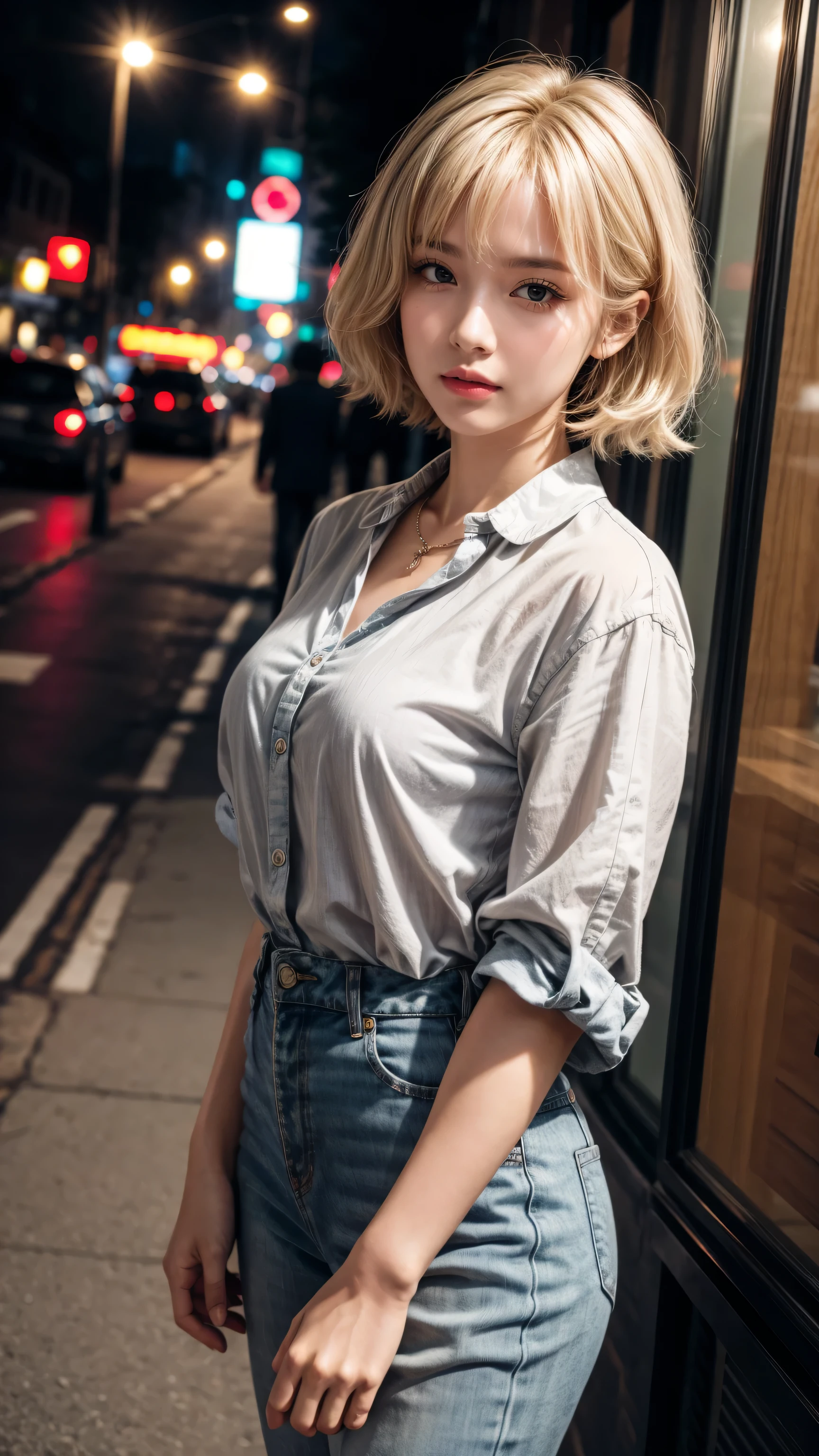 Curly Bob Hairstyle, Platinum blonde haired woman in orange collared shirt posing for photo in the city, 8K Artgerm bokeh, Well-proportioned body, Beautiful Korean woman, Gorgeous necklace, Young beautiful Korean woman, Soft portrait shots 8 k, Korean Girl, Narrow eyes, Beautiful grey eyes, Chen 8K, Cute young woman, Korean woman, Beautiful blonde girl