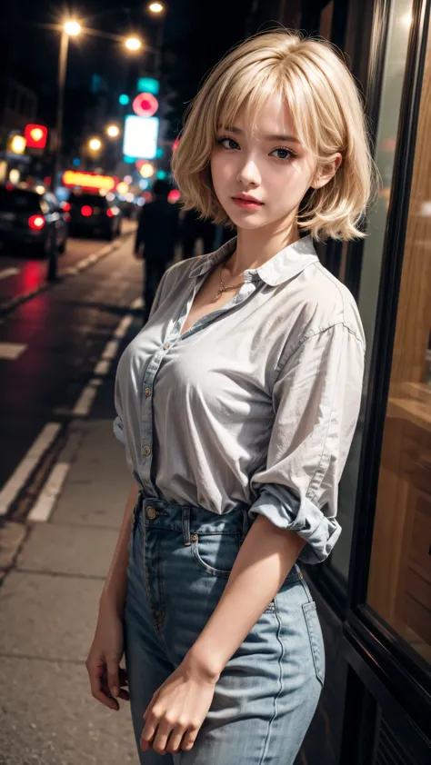 Curly Bob Hairstyle, Platinum blonde haired woman in orange collared shirt posing for photo in the city, 8K Artgerm bokeh, Well-...