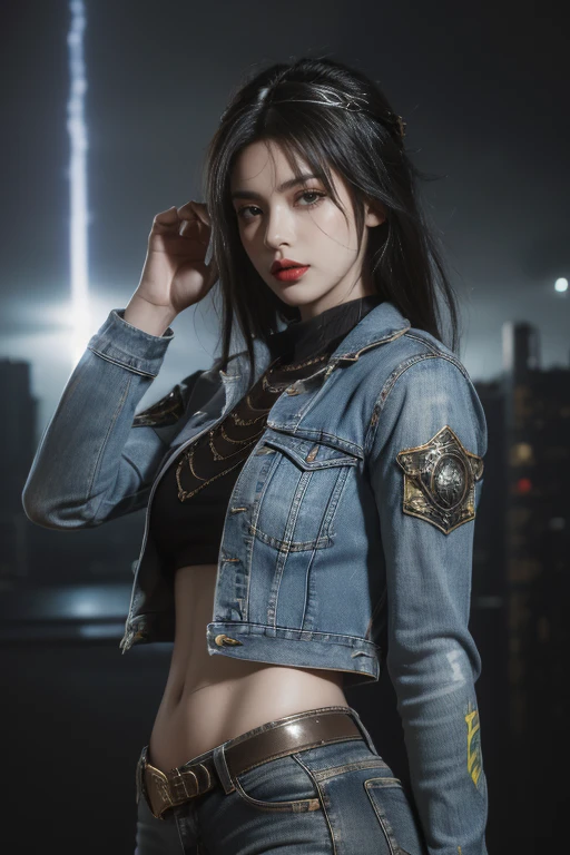 tmasterpiece,Best quality,A high resolution,8K,(Portrait photograph:1.5),(ROriginal photo),real photograph,digital photography,(Combination of cyberpunk and fantasy style),(Female soldier),20 year old girl,random hair style,By bangs,(Red eyeigchest, accessories,Redlip,(He frowned,Sneer),(Cyberpunk combined with fantasy style clothing,Openwork design,joint armor,police uniforms,Denim jacket,Red),exposing your navel,Photo pose,Realisticstyle,Thunder and lightning on rainy day,(Thunder magic),oc render reflection texture