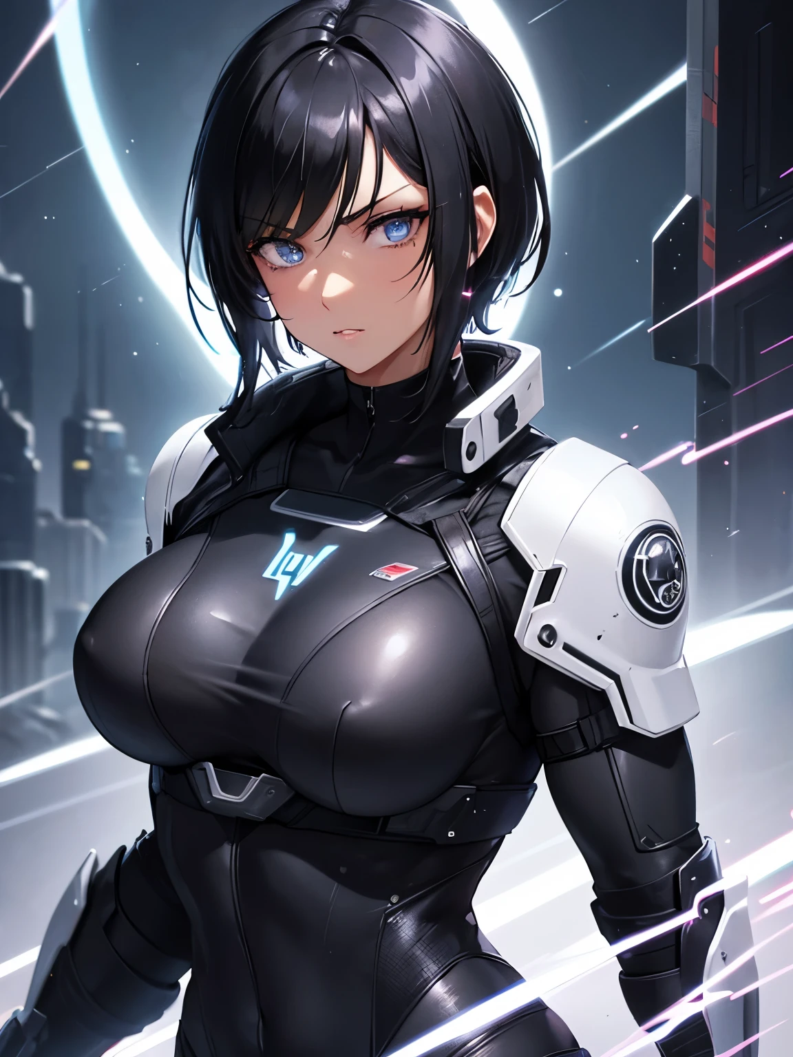 beautiful, 1girl, sexy woman, jet-black hair, short hair, practical hairstyle, striking eyes, grey irises, tanned skin, brown skin, strong, powerful figure, muscular woman, cyberpunk, science fiction, facial scars, mature woman, stern expression, bust, bodysuit, upper body, (((milf))), space, stars, night, sky, muted lightning, black pupils