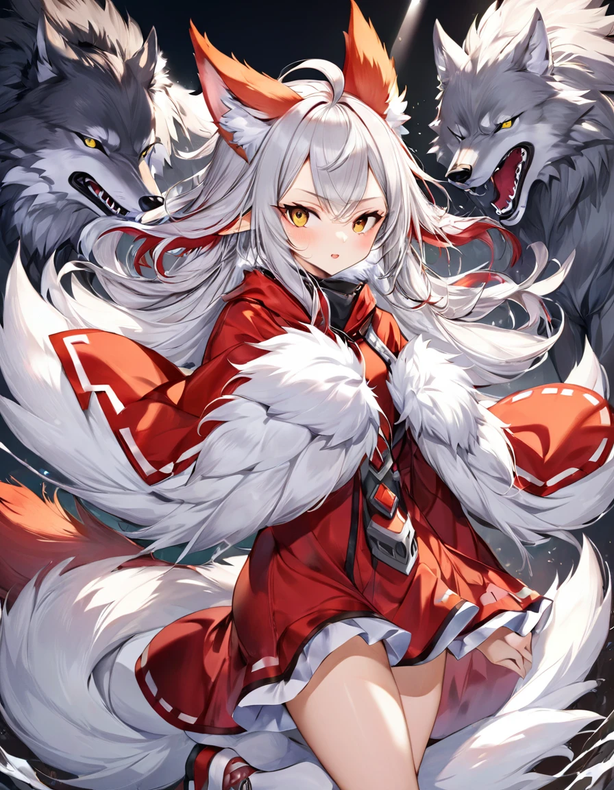 Beastman Girl、Silver fur、the whole body is covered with hairs、狼 Ears、Wolf&#39;s Tail、big golden eyes、Double teeth、Open your mouth wide、Surprised face、Staring at the audience、Rocky Mountain