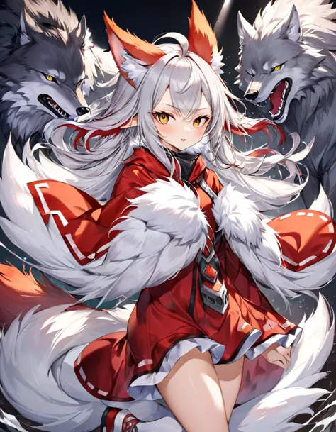 beastman girl、silver fur、the whole body is covered with hairs、狼 ears、wolf&#39;s tail、big golden eyes、double teeth、open your mout...