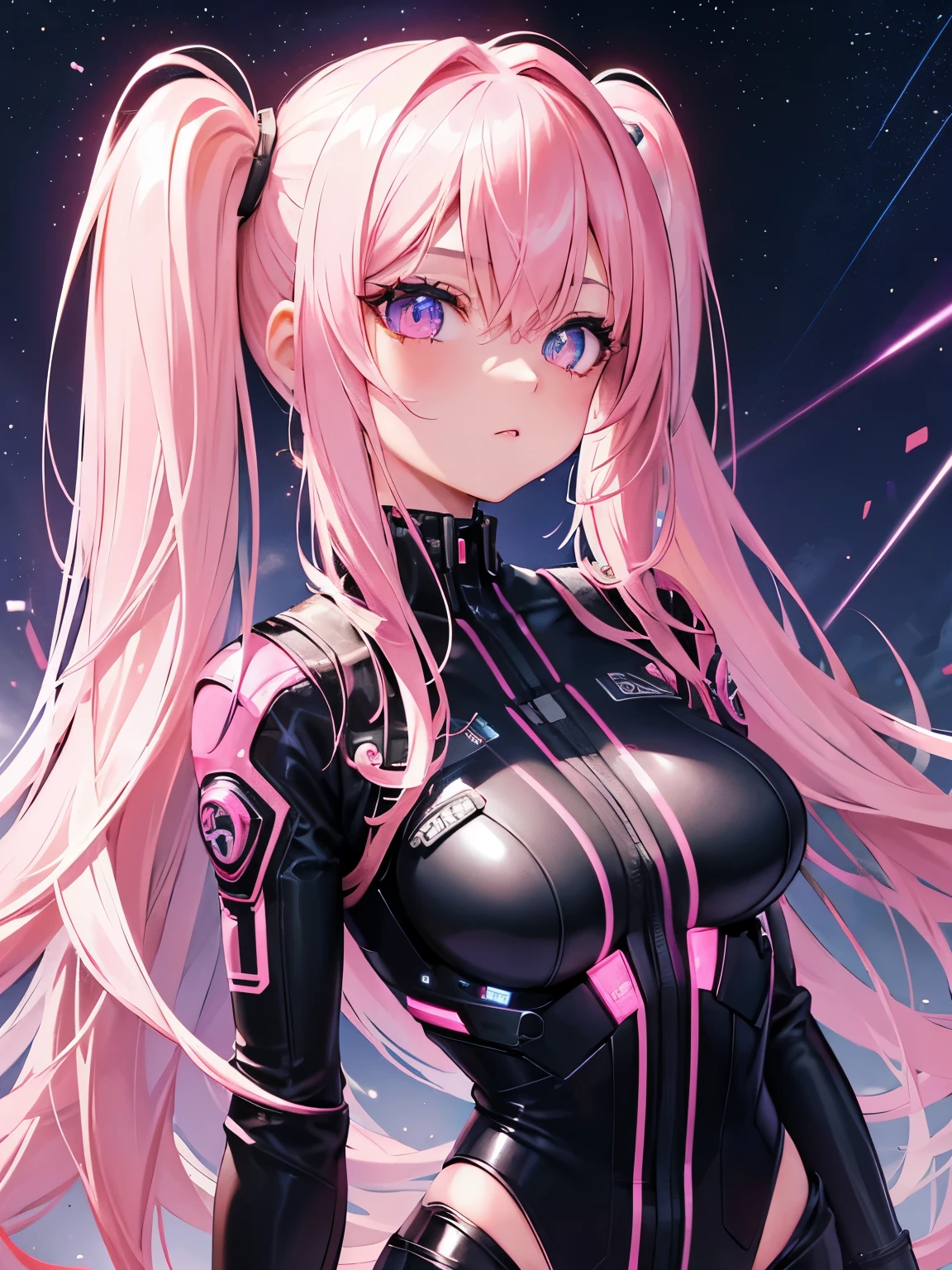 beautiful, 1girl, cute woman, pink hair, long hair, twintail hairstyle, striking eyes, pink irises, feminine figure, cyberpunk, science fiction, catty expression, bust, bodysuit, upper body, space, stars, night, sky, muted lightning, black pupils