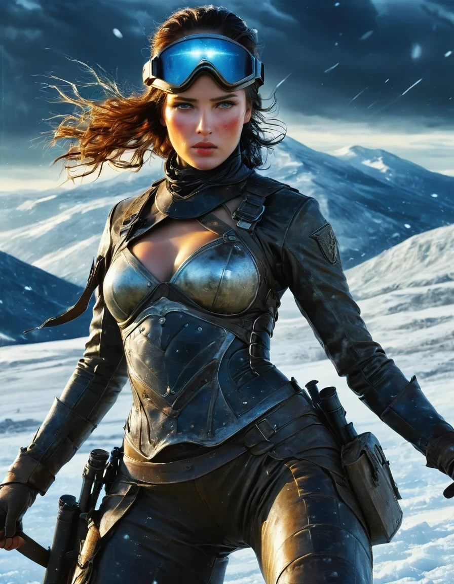 wasteland, Abnormally beautiful female warrior science fiction future fantasy，helmet，Goggles，Blood and dirt on face，Injuried，old，Tragic，Tragic，Movie Stills，Siberia，Vast wasteland，Snow everywhere，Cold night，sci-fi art, in style of Amedeo Modigliani，fighting，War，A lot of fighters，background：Army Group Battlefield，