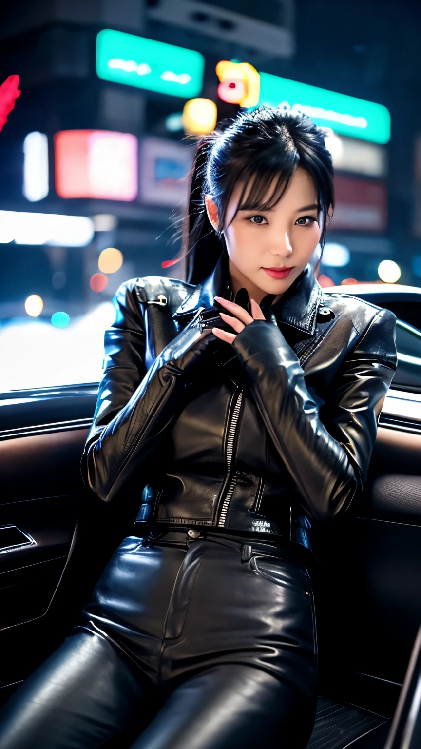 black leather rider jacket, Office in the Dark, Black leather gloved fingertips on both hands,Wearing black leather gloves,Sitting in a black leather chair、 Japanese female new recruits (Black leather gloves cover both hands) (The angle is horizontal)、Black Leather Pants,Black Leather Black Leather Pants,Black Leather Skinny Pants、Long black leather boots on both feet、Black hair ponytail ((He wears black leather gloves on his hands))Full Body Photo,full body shot full body full body leather suit,☺If you turn in this direction。Wearing black leather gloves,Wearing black leather gloves,Wearing black leather gloves,Wearing black leather gloves,Wearing black leather gloves,Wearing black leather gloves,黒のレザーパンツが美しい😍黒のレザーパンツが美しい😍黒のレザーパンツが美しい,😍Smiling while looking at me,City lights、((Neon Cyberpunk City Street:1.3))、(Neon Light)、Detailed lighting、

Best image quality、Ultra-high resolution、(realism:1.4)、Korean Beauty Star、The most beautiful KPOP stars、face、Horny Korean Makeup、A body that makes you want to touch it、Realistic leather texture、Costume made of smooth leather fabric、The drape of the curved parts of the leather fabric、The costume is very shiny、Quality of the costume、8K Photo Quality