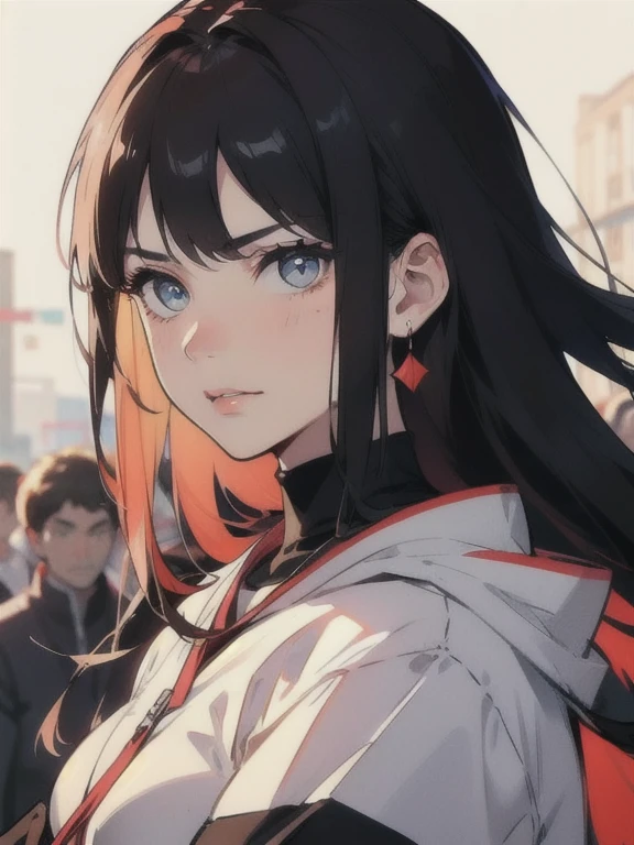 (masterpiece), (best quality), ultra high res, sharp focus, warm pastel tone, ((1 mature woman, solo)), upper body, medium long shot, MLS, black hair, beautiful detailed hair, messy long hair, beautiful detailed face, ((beautiful shapes of eyes)), perfect feminine face, serious face, look at the viewer, smirk, in the crowds, (background blur), style raw --1