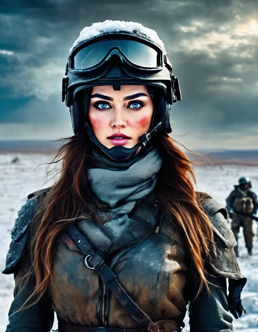 wasteland, Abnormally beautiful female warrior science fiction future fantasy，helmet，Goggles，Blood and dirt on face，Injuried，old，Tragic，Tragic，Movie Stills，Siberia，Vast wasteland，Snow everywhere，Cold night，sci-fi art, in style of Amedeo Modigliani，fighting，War，A lot of fighters，background：Army Group Battlefield，