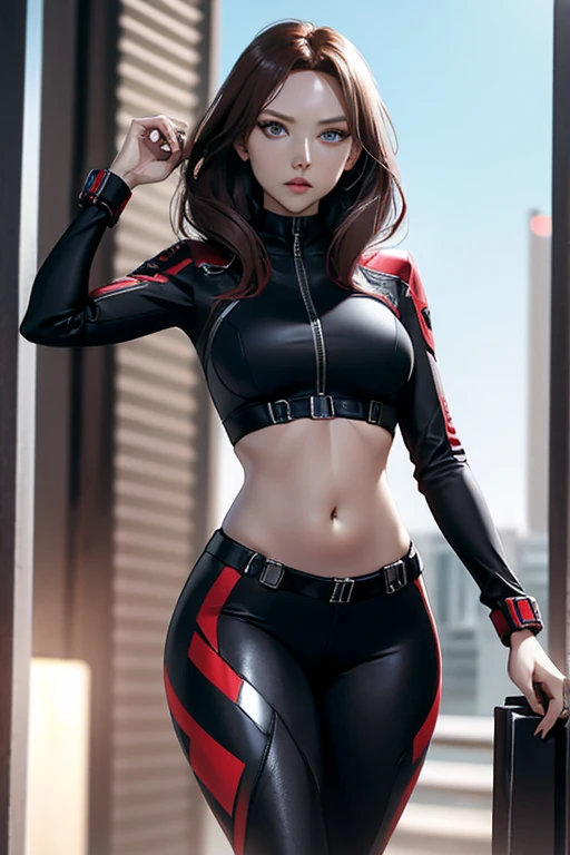 Girl, spy, black widow suit, crop top showing navel, 