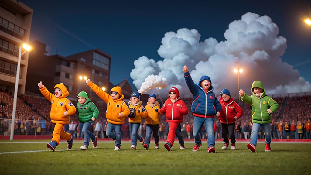 超現實的步行足球流氓, 身穿黃綠色夾克、連帽衫和口罩, 走向足球場. 手中揮舞斯洛伐克國旗, 他們行進時點燃照明彈, 在夜空中投射出橙色和紅色的光芒. 該場景是從鳥瞰角度拍攝的, 當一架無人機盤旋在上空時, 捕捉他們熱情而激烈的團隊精神展示的每一個細節. 影像以最高解析度渲染, 每個流氓的面部特徵都經過精心建模, 他們的夾克的紋理清晰可見, 照明彈產生的煙霧在他們周圍盤旋，詳細可見, 利弗爾
