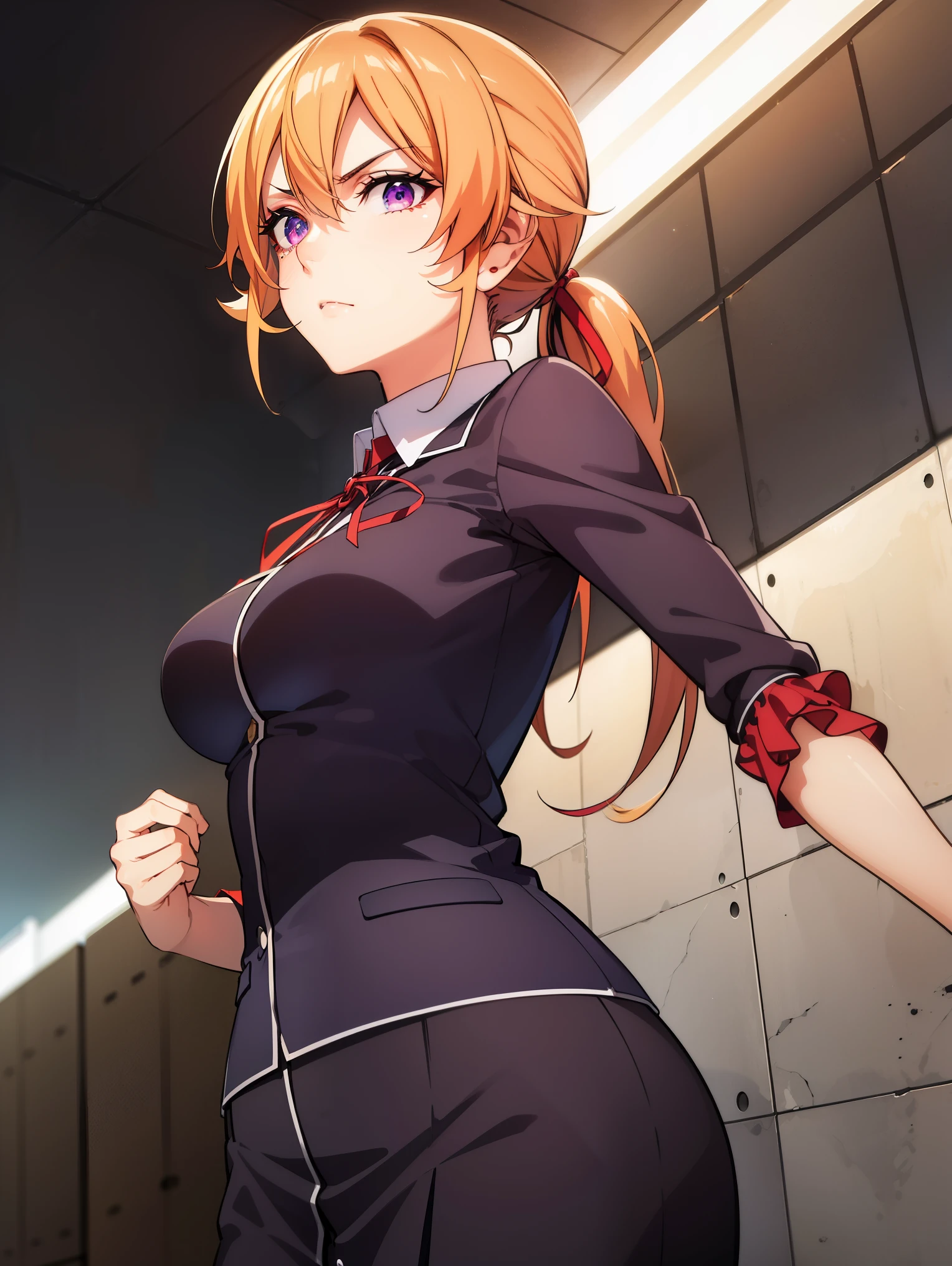 erinanakiri, erina nakiri, long hair, orange hair, (purple eyes:1.1), hair between eyes, frown, angry,
BREAK (red ribbon, red sleeves, ribbon,ponytail:1.2),
BREAK cowboy shot, front view:1.0, looking at viewer, looking away,
BREAK (masterpiece:1.2), best quality, high resolution, unity 8k wallpaper, (illustration:0.8), (beautiful detailed eyes:1.6), extremely detailed face, perfect lighting, extremely detailed CG, (perfect hands, perfect anatomy),