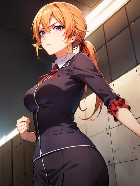 erinanakiri, erina nakiri, long hair, orange hair, (purple eyes:1.1), hair between eyes, frown, angry,
break (red ribbon, red sl...