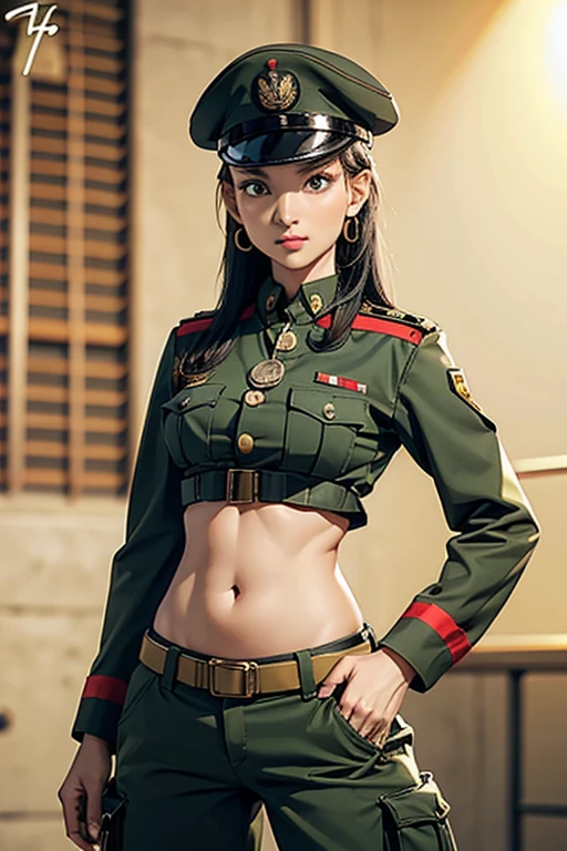 Women in crop top soldier uniform, soldier hat, medal on the chest,  exposed abdomen area, very low waist cargo pants, navel piercing , 45 years-old, high ranking , standing, 