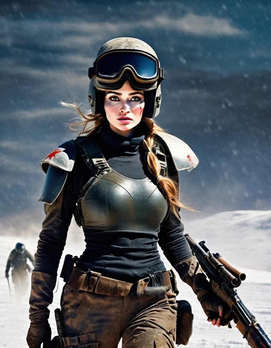 yermo, An extremely beautiful female sVIEJOier hVIEJOing a rocket launcher，Fantasía futurista de ciencia ficción，casco，gafas de protección，Sangre y pintura negra en la cara.，suciedad，herido，VIEJO，Trágico，Trágico，Fotogramas de la película，Siberia，Vast yermo，nieve por todas partes，CVIEJO night，arte de ciencia ficción, al estilo de Amedeo Modigliani，lucha，guerra，Muchos combatientes，fondo：Campo de batalla del Grupo de Ejércitos，