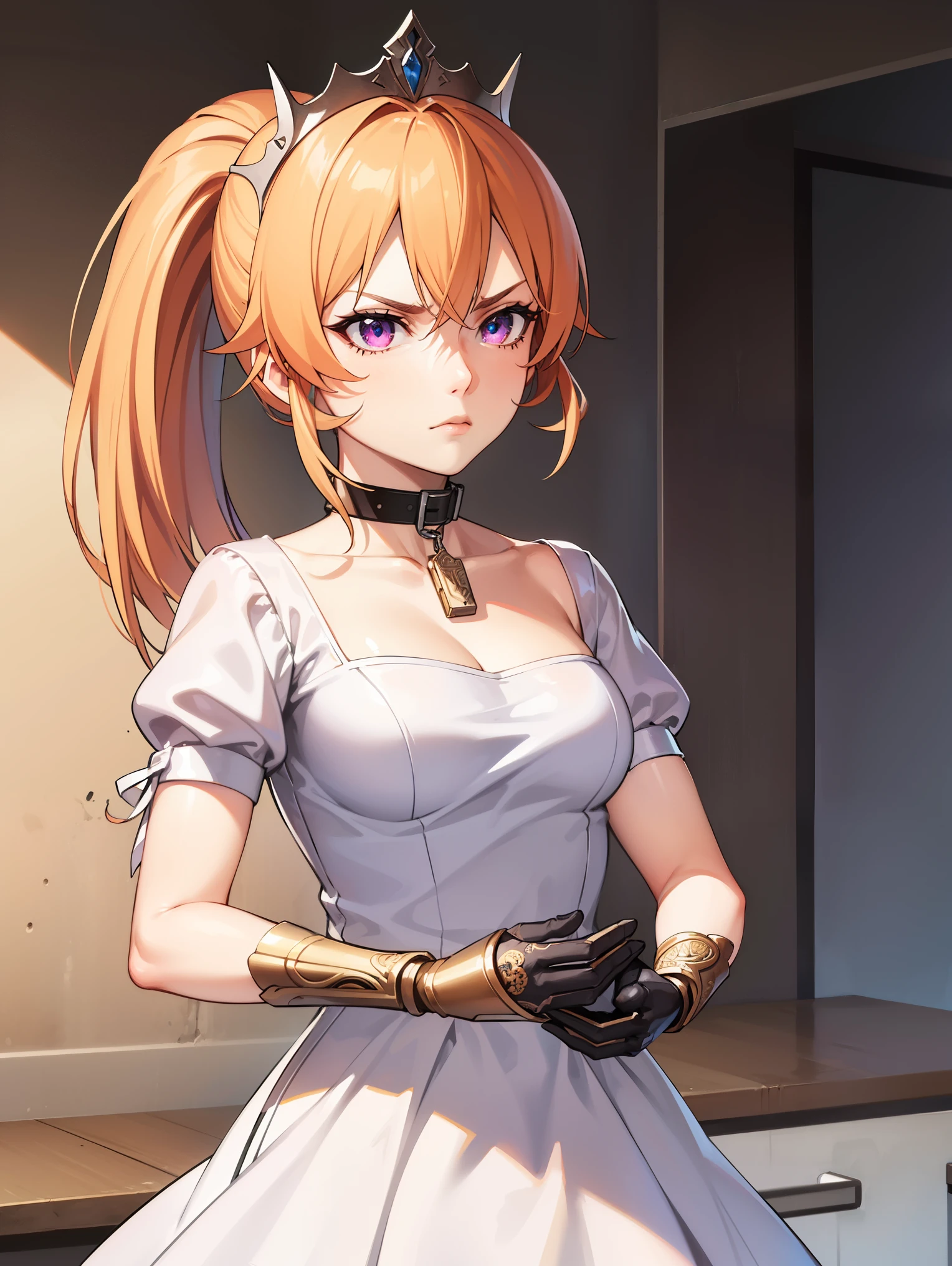 erinanakiri, erina nakiri, long hair, orange hair, (purple eyes:1.1), hair between eyes, frown, angry,
BREAK (white dress, armor, armored dress, chain, collar, dress, faulds, gauntlets, headpiece, metal collar, plackart ,ponytail:1.2),
BREAK cowboy shot, front view:1.0, looking at viewer, looking away,
BREAK (masterpiece:1.2), best quality, high resolution, unity 8k wallpaper, (illustration:0.8), (beautiful detailed eyes:1.6), extremely detailed face, perfect lighting, extremely detailed CG, (perfect hands, perfect anatomy),