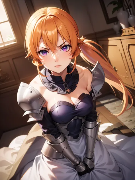 erinanakiri, erina nakiri, long hair, orange hair, (purple eyes:1.1), hair between eyes, frown, angry,
break (white dress, armor...