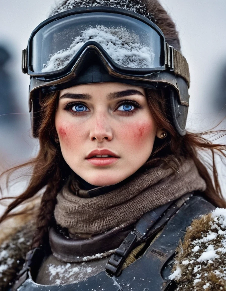 wasteland, Abnormally beautiful female warrior science fiction future fantasy，helmet，Goggles，Blood and dirt on face，Injuried，old，Tragic，Tragic，Movie Stills，Siberia，Vast wasteland，Snow everywhere，Cold night，sci-fi art, in style of Amedeo Modigliani，fighting，War，A lot of fighters，background：Army Group Battlefield，