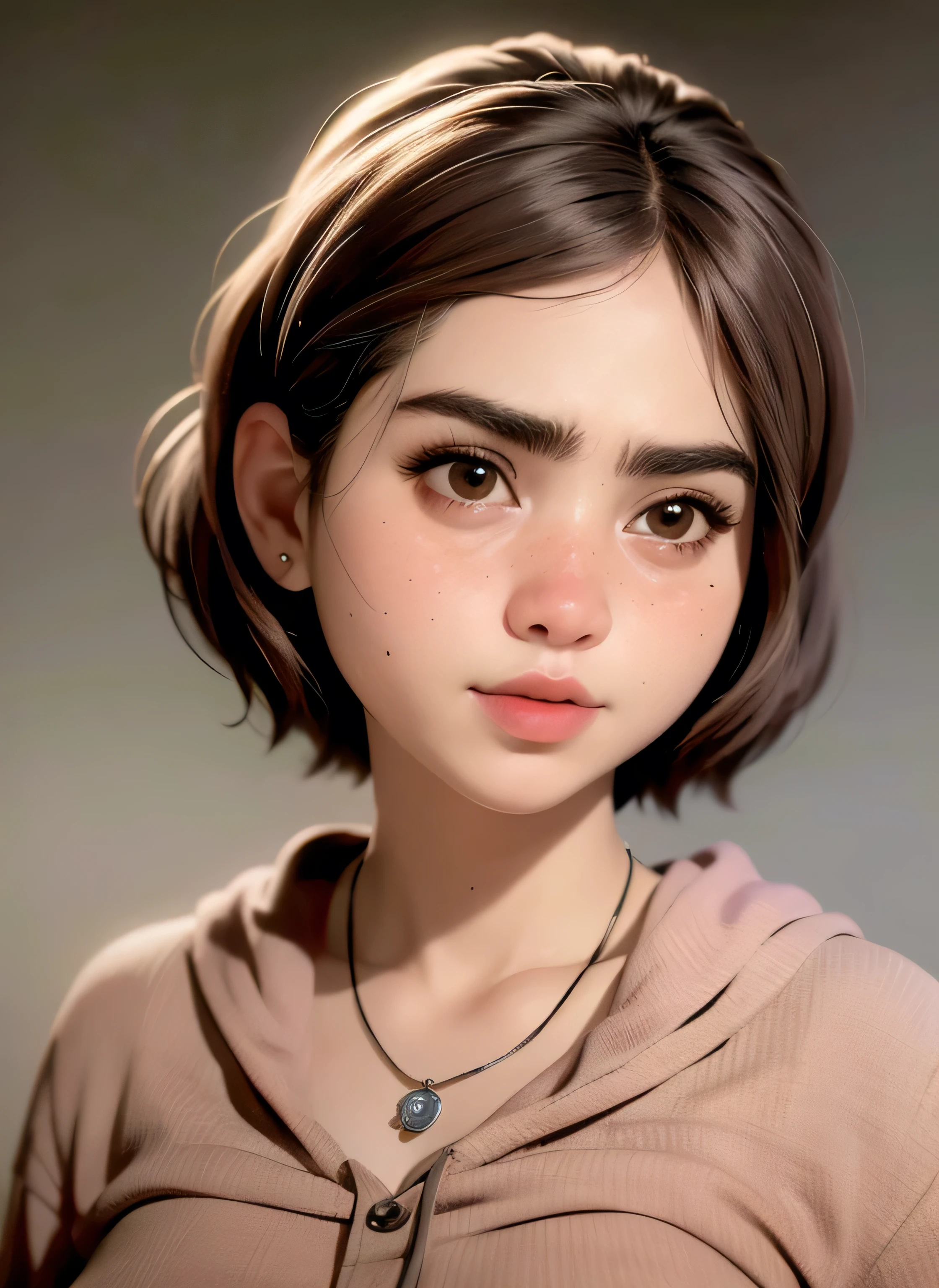 masterpiece, best quality, 3d rending work ,3DMM style,close-up,portrait, 3D,1girl, solo, necklace, freckles, jewelry, looking to the side, realistic, upper body, simple background, bangs, looking away, parted lips, lips, makeup, mole, , shirt, watermark, short hair, black hair, adult face, realism (Ana de Armas/Actress)