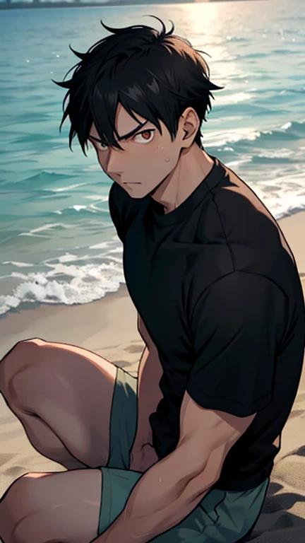 在高解析度影像中, 深的io Kageyama from the popular anime series "排球!!", 獨自坐在沙灘上，前方是一望無際的大海. 陽光在他光滑的肌膚上投射出溫暖的光芒, 黑髮，神情專注地凝視著地平線. 形狀怪異的貝殼散落在他周圍.

當你仔細觀察時, the detailed eyes of 深的io come into focus. 他深陷的棕色眼睛充滿了堅定和決心, 帶有金色斑點的虹膜, 睫毛又長又黑. 他的每一根纖維似乎都在散發能量.

深的