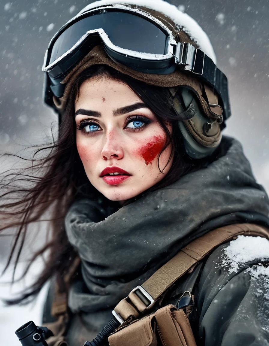 пустошь, An extremely beautiful female sстарыйier hстарыйing a rocket launcher，Научно-фантастическое будущее фэнтези，Шлем，очки для плавания，Кровь и черная краска на лице，потрескавшиеся губы，грязь，Раненый，старый，Трагический，Трагический，Кадры из фильмов，Сибирь，Vast пустошь，снег повсюду，Cстарый night，киберпанк，научно-фантастическое искусство, в стиле Амедео Модильяни.，борьба，война，Множество бойцов，фон：Поле битвы группы армий，