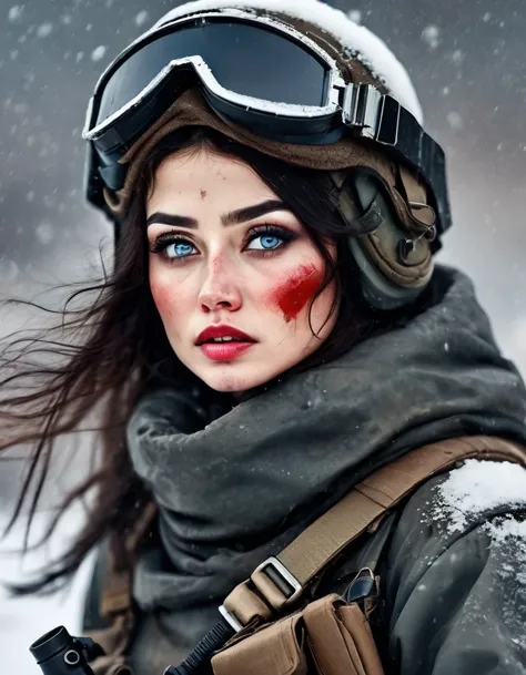 wasteland, An extremely beautiful female soldier holding a rocket launcher，Sci-fi future fantasy，helmet，Goggles，Blood and black ...