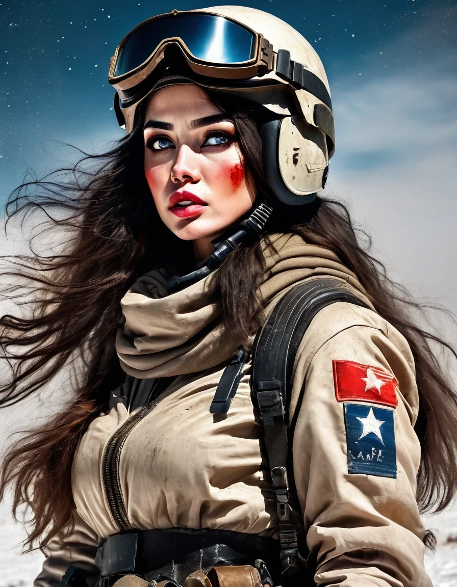 terre en friche, An extremely beautiful female svieuxier hvieuxing a rocket launcher，Futur fantastique de science-fiction，casque，des lunettes de protection，Du sang et de la peinture noire sur le visage，lèvres gercées，saleté，Blessé，vieux，Tragique，Tragique，Images fixes du film，Sibérie，Vast terre en friche，de la neige partout，Cvieux night，cyberpunk，Art de science-fiction, à la manière d&#39;Amedeo Modigliani，Lutte，guerre，Beaucoup de combattants，arrière-plan：Champ de bataille du groupe d&#39;armées，