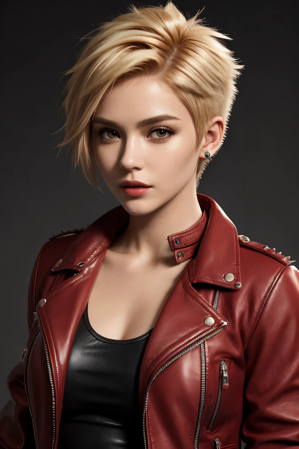 UHD, masterpiece, textured skin, high details, best quality, (wearing a leather jacket over a red top), (1GIrl, spiky short blonde hair), sexy, beautiful,