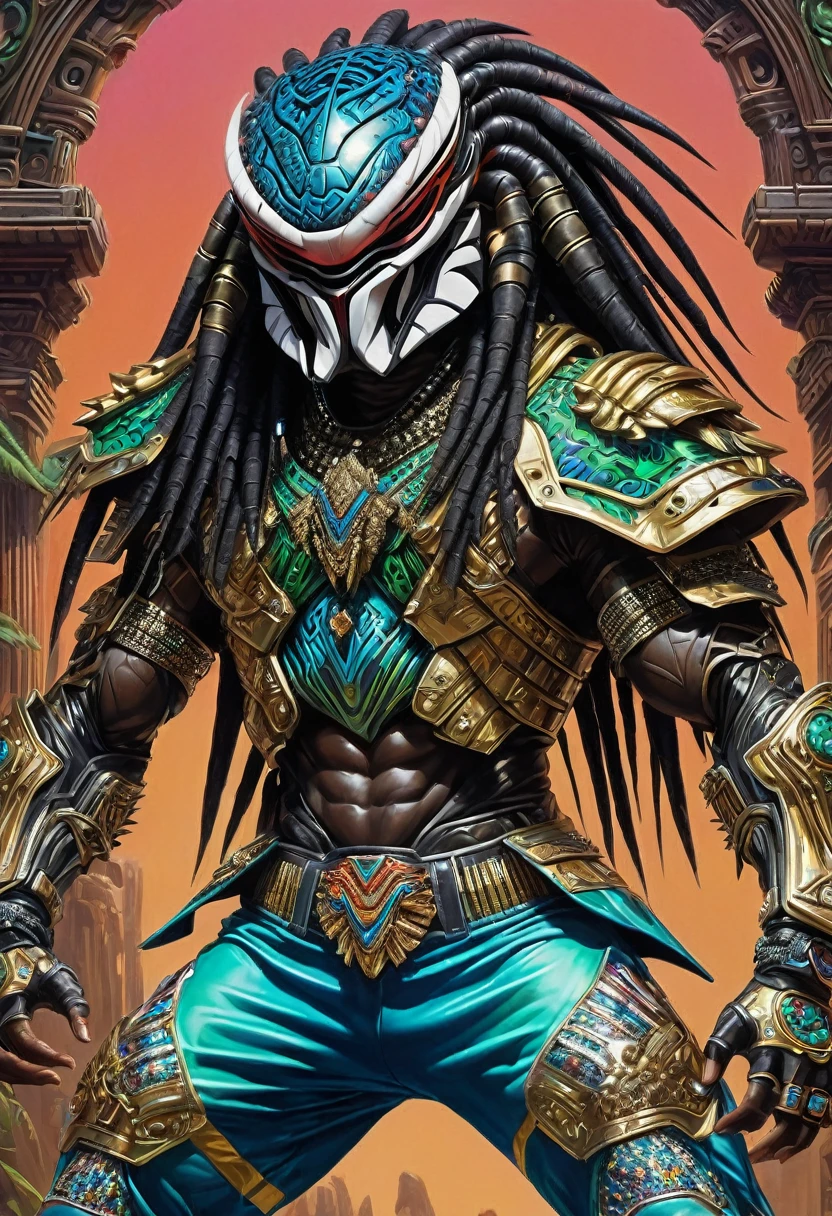 create a picture of Preddy the Earth Loving Yautja Predator Warrior donning the 80's Hip Hop Costume with Adidas Sports Jacket, Adidas Sports Trousers, adidas Sneakers and insanely detailed, intricate ornate bling-bling made of alien metal alloy, ultra sharp and crisp oil on canvas painting, realistic style, heavily influenced by Don Lawrence art style