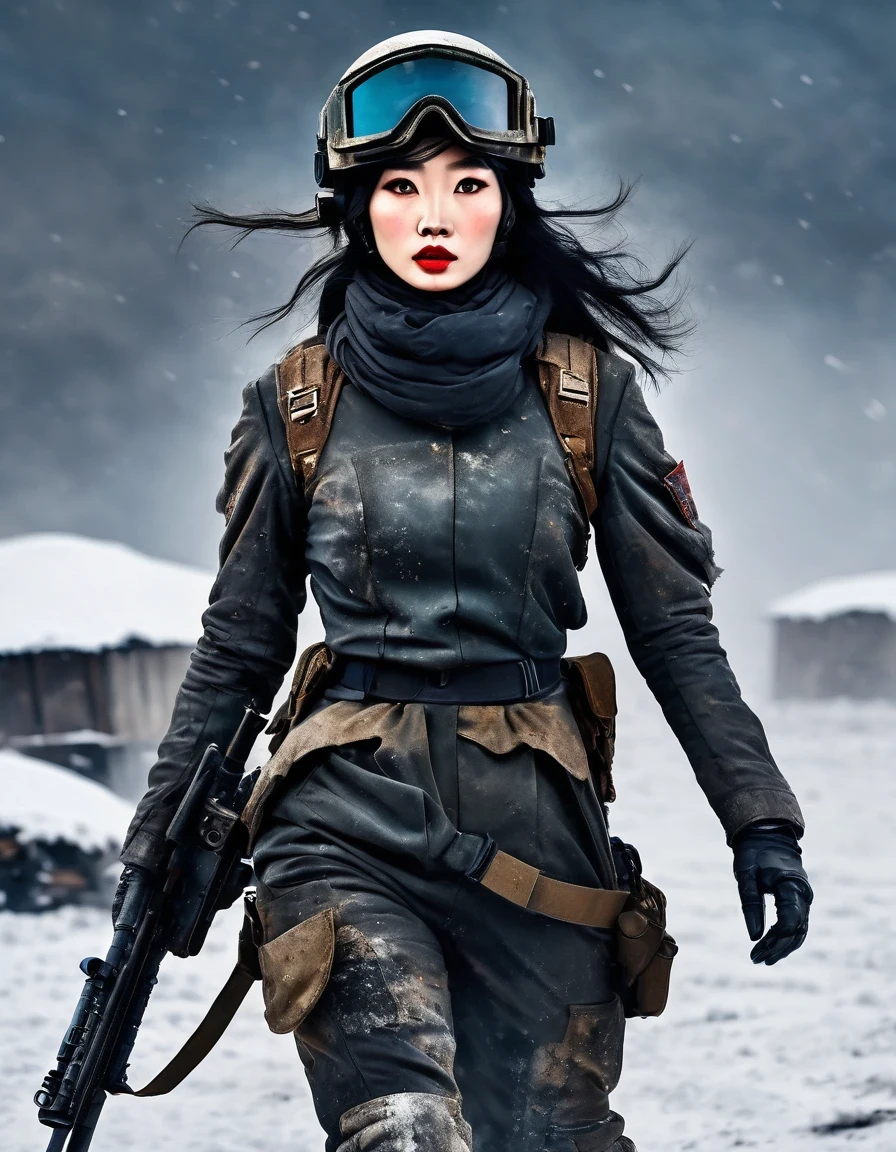 terreno baldio, Abnormally beautiful Chinese female svelhoier hvelhoing a rocket launcher，Fantasia de futuro de ficção científica，Capacete，óculos，Sangue e tinta preta no rosto，Lábios rachados，sujeira，Lesados，velho，trágico，trágico，Fotos de filmes，Sibéria，Vast terreno baldio，neve em todos os lugares，Cvelho night，Ciberpunk，sci-fi art, no estilo de Amedeo Modigliani，brigando，guerra，Muitos lutadores，fundo：Campo de batalha do grupo de exércitos，