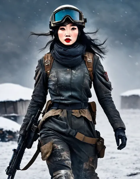 wasteland, Abnormally beautiful Chinese female soldier holding a rocket launcher，Sci-fi future fantasy，helmet，Goggles，Blood and ...