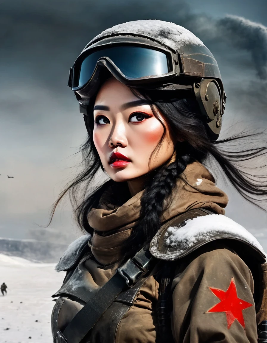 terreno baldio, Abnormally beautiful Chinese female svelhoier hvelhoing a rocket launcher，Fantasia de futuro de ficção científica，Capacete，óculos，Sangue e tinta preta no rosto，Lábios rachados，sujeira，Lesados，velho，trágico，trágico，Fotos de filmes，Sibéria，Vast terreno baldio，neve em todos os lugares，Cvelho night，Ciberpunk，sci-fi art, no estilo de Amedeo Modigliani，brigando，guerra，Muitos lutadores，fundo：Campo de batalha do grupo de exércitos，