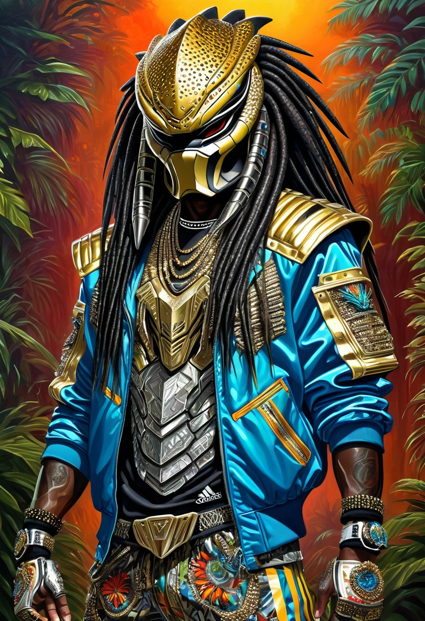 create a picture of Preddy the Earth Loving Yautja Predator Warrior donning the 80's Hip Hop Costume with Adidas Sports Jacket, Adidas Sports Trousers, adidas Sneakers and insanely detailed, intricate ornate bling-bling made of alien metal alloy, ultra sharp and crisp oil on canvas painting, realistic style, heavily influenced by Don Lawrence art style