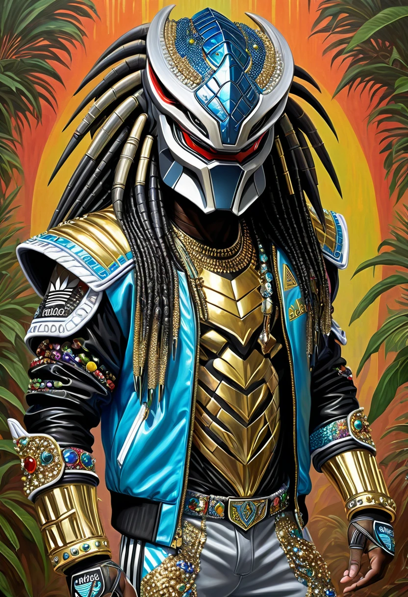 create a picture of Preddy the Earth Loving Yautja Predator Warrior donning the 80's Hip Hop Costume with Adidas Sports Jacket, Adidas Sports Trousers, adidas Sneakers and insanely detailed, intricate ornate bling-bling made of alien metal alloy, ultra sharp and crisp oil on canvas painting, realistic style, heavily influenced by Don Lawrence art style