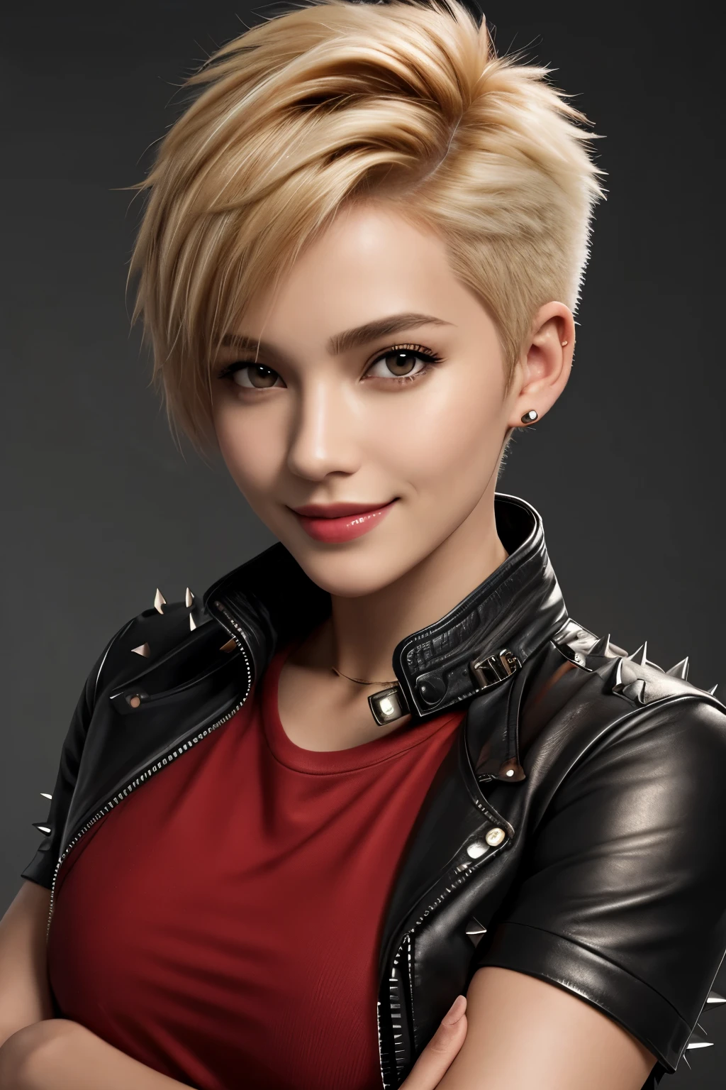 UHD, masterpiece, textured skin, high details, best quality, (wearing a leather jacket over a red top), (1GIrl, spiky short blonde hair), slutry smile, sexy, beautiful,