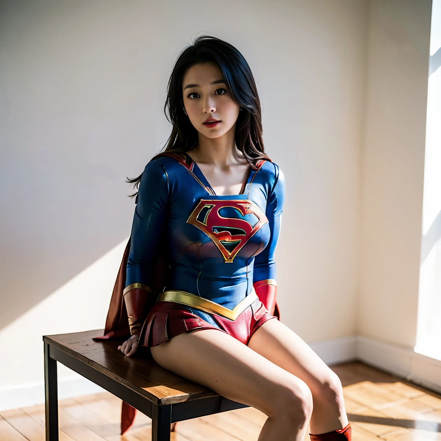 Hermoso retrato de Supergirl、(Disfraz de Supergirl preciso:1.3)、Mirando al enemigo、abre la boca、hermético、(Enfatizar los senos grandes:1.3)、Foto de estudio、Fondo blanco、luz de sol、frente、fondo liso、sientate en una silla、manos detrás de la espalda、Abre ligeramente las rodillas、muestra tu entrepierna、Tiro de bragas、