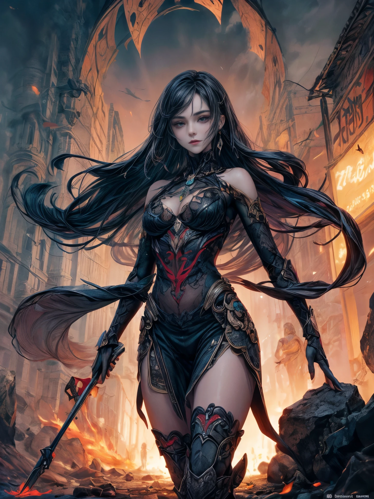 dark and torn, 1 young beautiful muscular body, fierce expression, holding a gun, (colors in your clothes, warm, Orange, yellow, violet:1.3), standing in a desolate wasteland, dramatic lighting, intense shadows, sandy texture, tall contrast, vibrant colors, dynamic pose, powerful posture, rough background, explosive atmosphere, dystopian theme, surreal elements, digitally painted illustration, high definition resolution, intricate details, dramatic composition, avant-garde and chaotic brushstrokes, gothic style, intense emotions, epic scale, raw and gritty feeling, Captivating and provocative works of art..