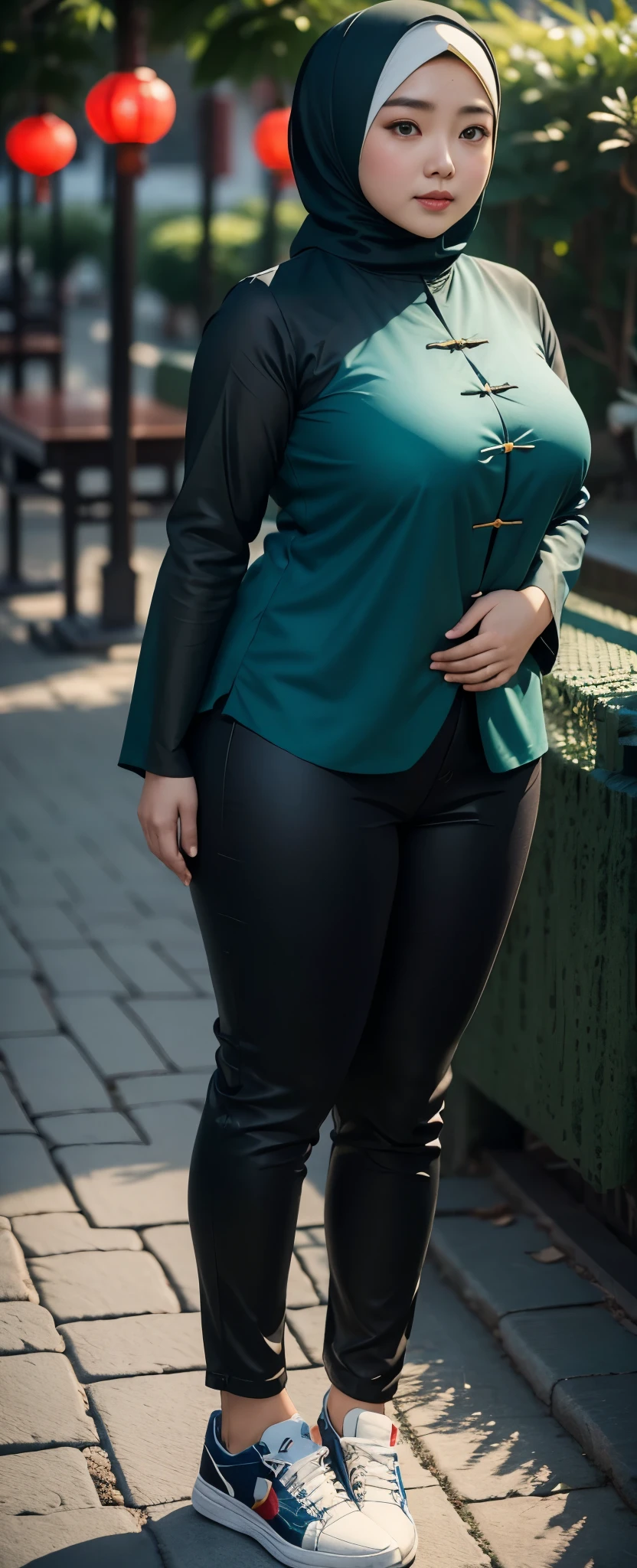 1 chinese-Indonesian girl, modern plain hijab, shy, medium portrait, watery eyes, wearing blue dark green kebaya, ((big breasts)), black bokeh background, well-proportioned body,, chubby massive thighs, full body pose, Hena art on the body, hena art on arms, full body view , wearing red sneakers , fat legs