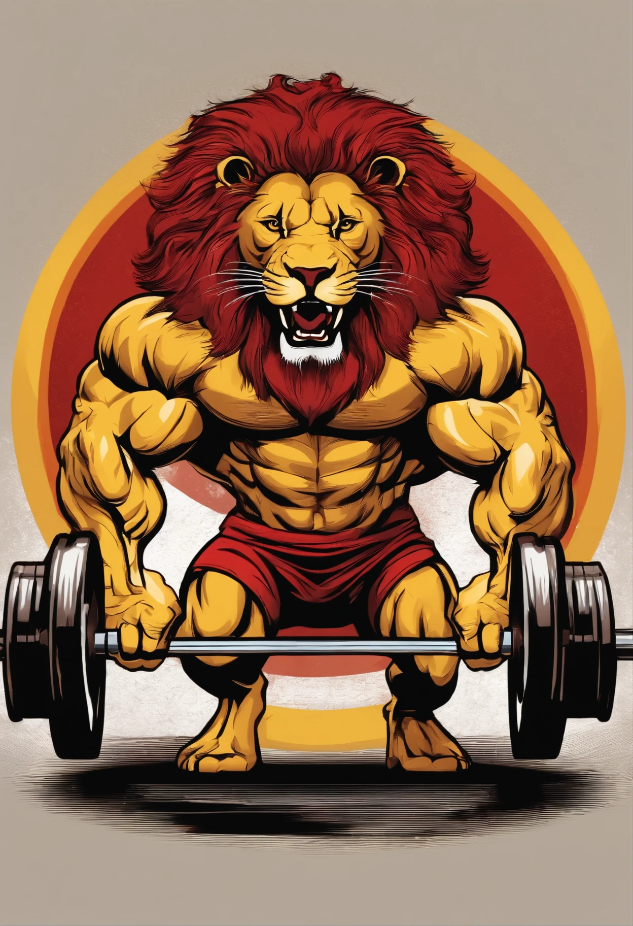 健身房服務,為我創建一個徽標:嚴肅的獅子舉起槓鈴,風格:紅色和黃色漸變