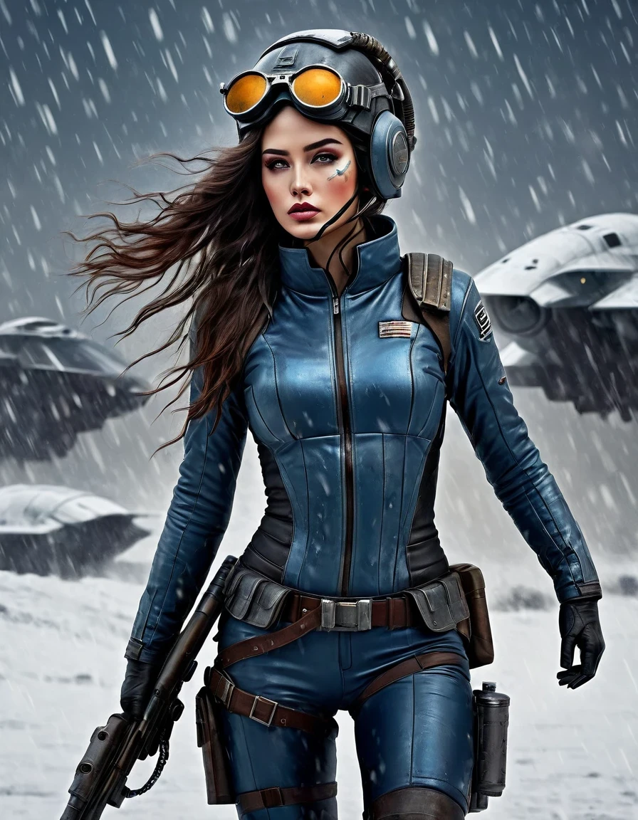 al estilo de Christian Schloe, Hermosos detalles，mejor calidad, ultra detallado, hdr, obra maestra:1.2, yermo, beautiful guerrarior holding a rocket launcher, fantasía futurista, pelo largo y suelto, casco de alta tecnología, gafas de protección, sangre y pintura al óleo negra en su rostro, suciedad, Herido, desgastado, Trágico, película fija, Siberia, vast yermo covered in snow, Noche fria, arte de ciencia ficción, al estilo de Amedeo Modigliani, batalla, guerra, multiple guerrariors, fondo: army combat batallafield, numerosos soldados valientes.