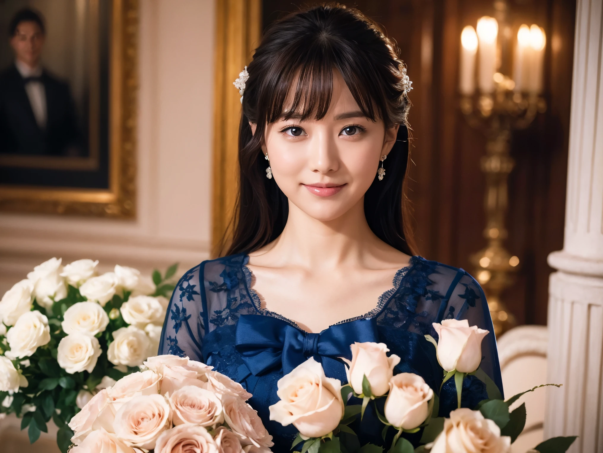 Medium Size Display, Medium Shot, Written boundary depth, bust, Upper Body, Movie angle, masterpiece, highest quality, Very detailed, CG, 8k wallpaper, Beautiful Face, Delicate eyes, Otome, alone, smile, bangs, have,Royal Blue Dress, bow, petal, Bouquet of roses