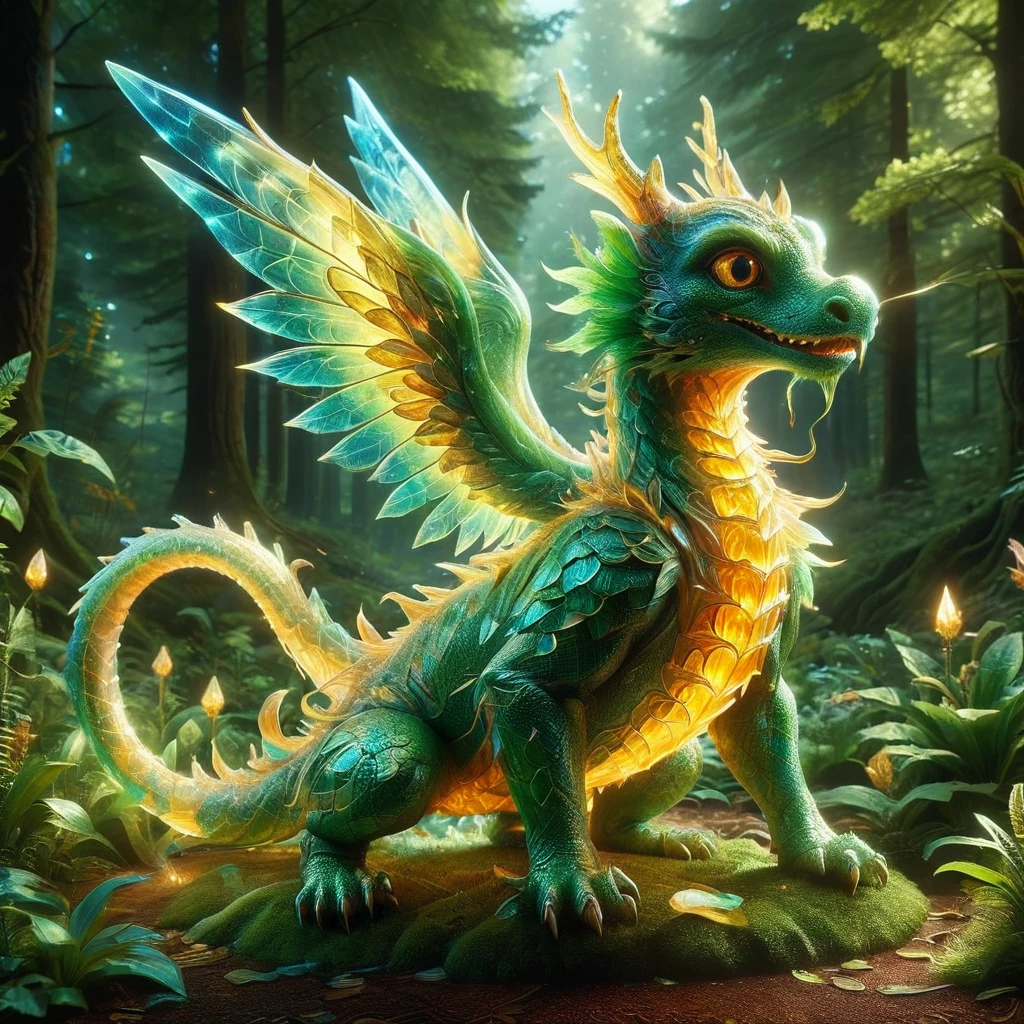 A creative depiction of a whimsical creature inspired by creatures from popular card-based games. The creature is entirely made up of glass, illuminating in the sunlight with a variety of colors reflecting off its surface. Its body resembles those of chimerical beasts, with elements of various animals combined. It has the wings of a bird, legs of a mammal, and a long tail which can possibly be seen as reptilian. As it glows, the glass creature stands majestically against a backdrop of a lush green forest, the shining beacon amidst nature's splendor.