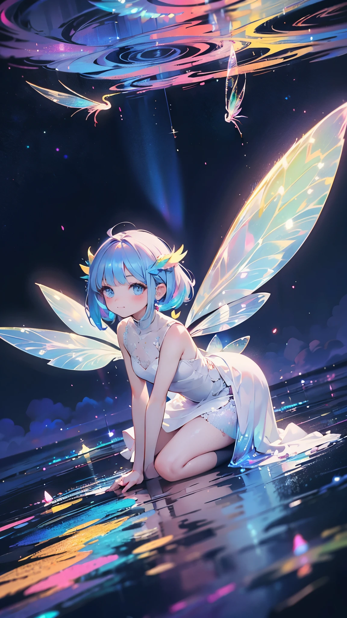 (Best quality), (masterpiece:1.3), Fantastic Magic World, Psychedelic clouds, Iridescent clouds, aurora, A girl, high-waisted dress, costume-centered, deep blue eyes, (Wearing fairy wings of Iridescent effect:1.5), Full body, aerial turn, leaning forward