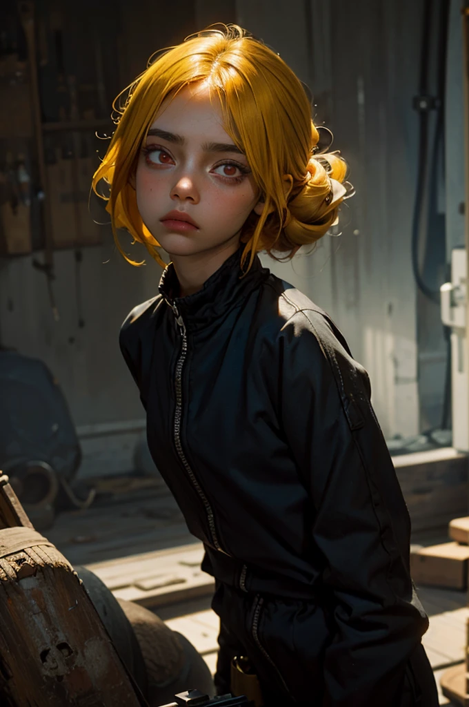 masterpiece, highest quality, Pistol, Put a gun to your head, Possession of a gun, Upper Body, One girl, alone, Dead in my heart, Expressionless, Expressionless, Hollow Eyes, Expressionless, indifferent, Red eyes, Wedge updo and hair intake, Yellow Hair, tasuki, short jumpsuit, Bandeau,
