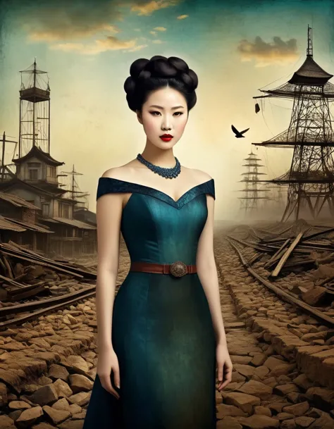 in style of christian schloe, beautiful details，best quality, ultra-detailed, hdr, masterpiece:1.2, wasteland, china&#39;s talle...