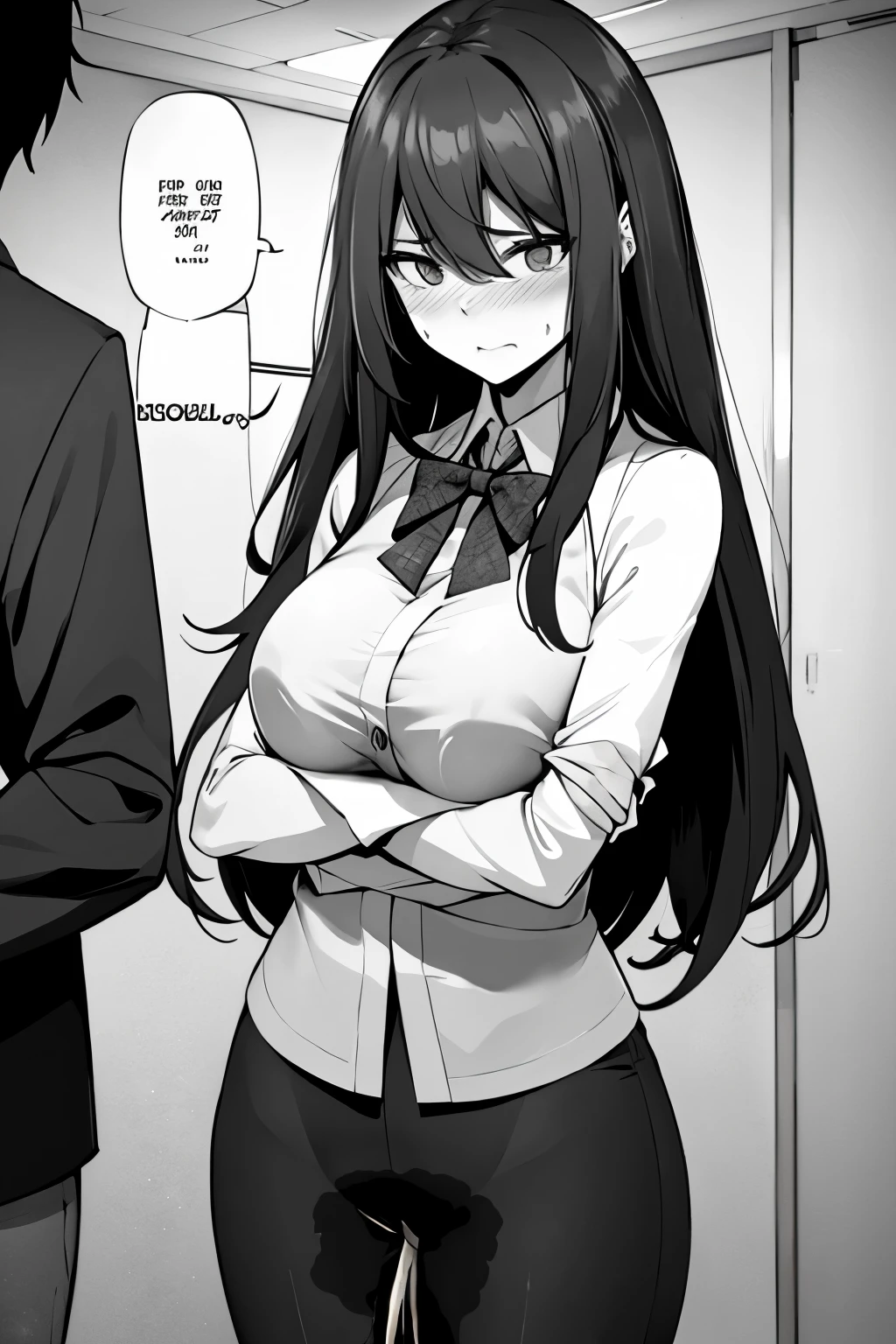 A woman with very long (black hair:1.5) and very long bangs, wearing a business outfit consisting of a suit, pencil skirt, and pantyhose, stands in a monochrome setting. The artwork is inspired by manga and incorporates a doujin style. The woman appears to be (wetting herself:1.5), which causes her to feel embarrassed and humiliated, resulting in a blush on her face. In addition, there is an air of anger in her expression. The lighting in the scene is moody, with a spotlight highlighting the woman's figure. She is crossing her arms, (arms crossed:1.5), fully showcasing her skirt., medium breasts